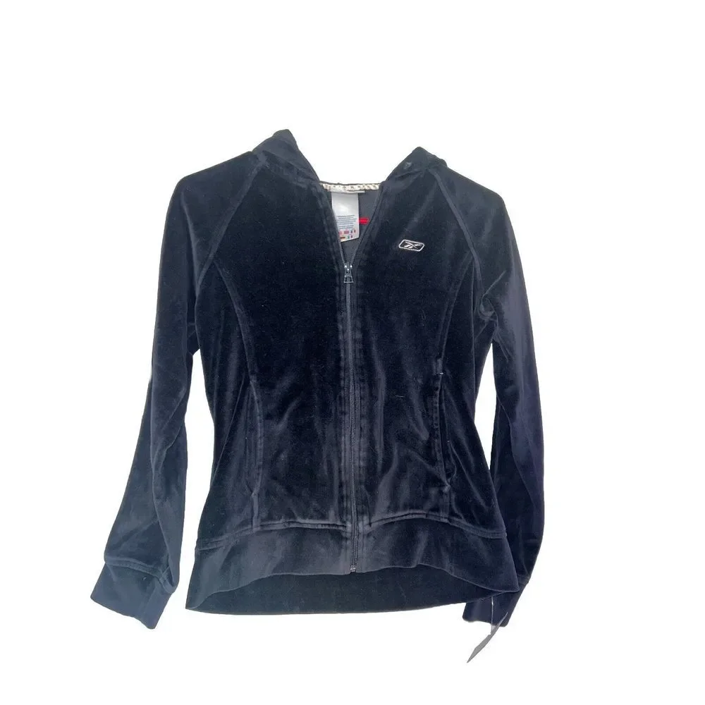 Vintage‎ Reebok Velour Small Logo Embroidered Zip Up Track Y2K Navy Blue